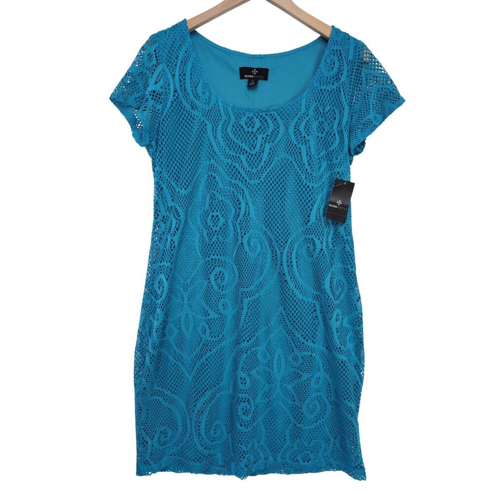 Ronni Nicole Sheath Dress Womens‎ L Turquoise Blue Short Sleeve Pullover Career